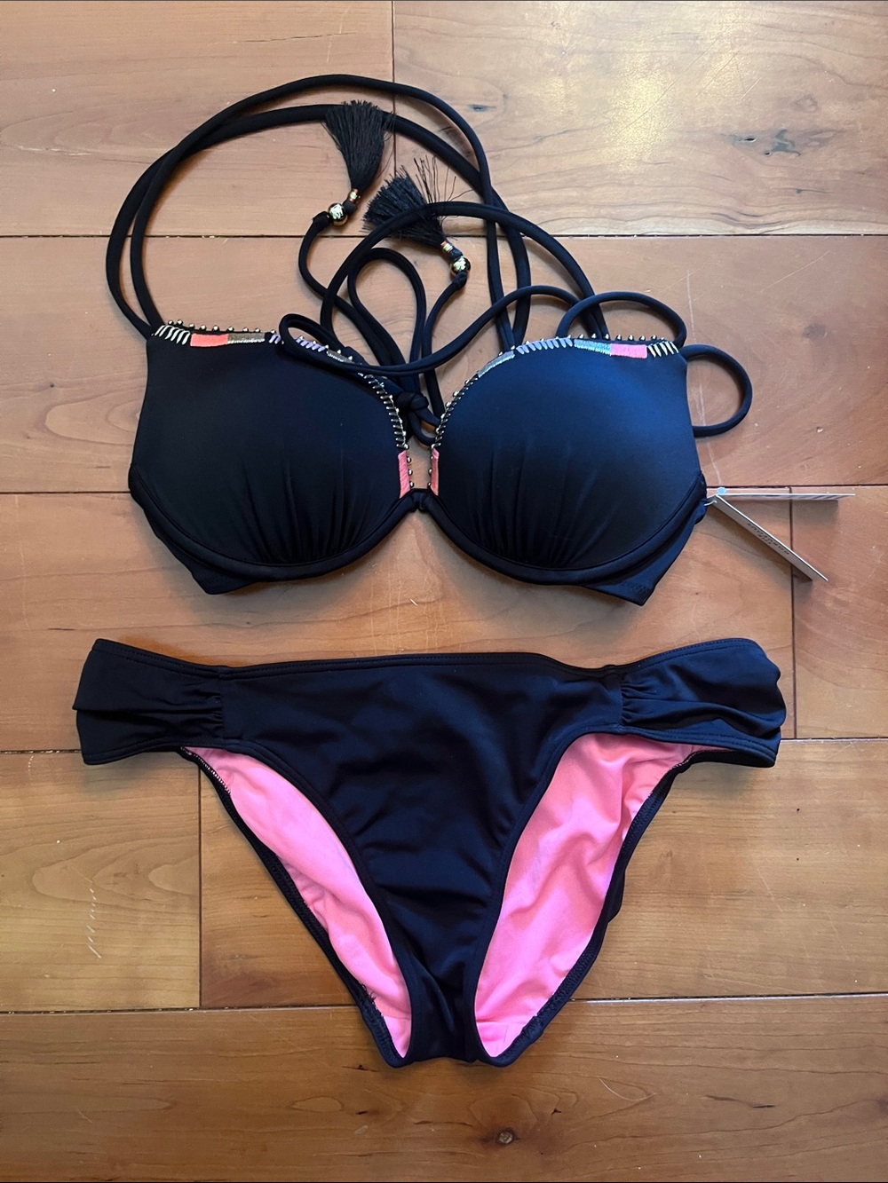 Victoria's Secret Black Bikini with Pink Lining - Push-Up Set